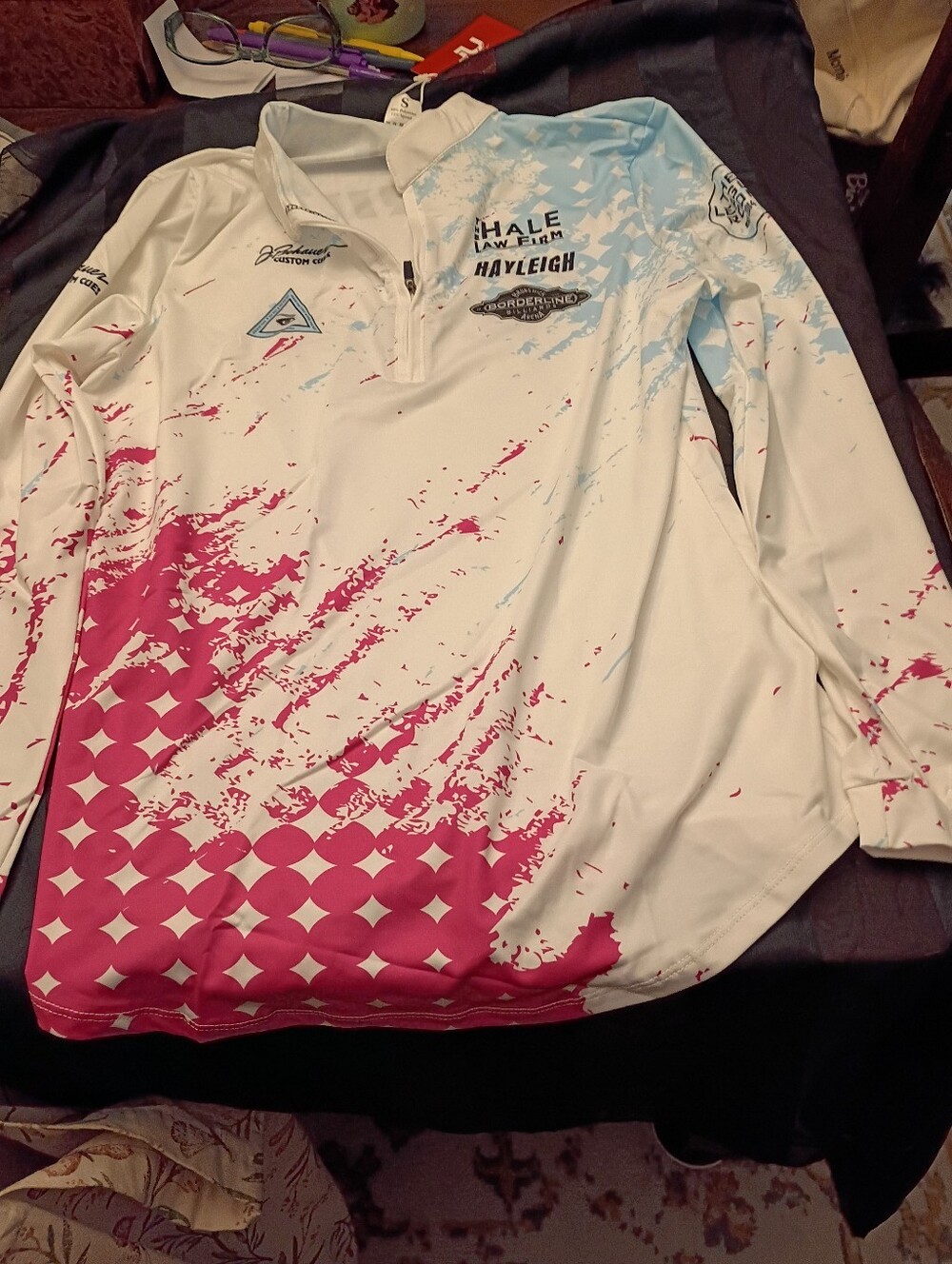 Jam Up Long-Sleeve Performance Top - White with Pink & Light Blue Splash